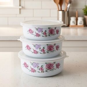 Vintage GMI Floral Enamel Nesting Bowls w Lids Porcelain on Steel Set of 3